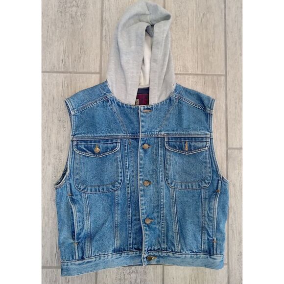 Vintage Hooded Jean Vest By Gitano First Class Jeans Sz Large L Blue Jean Jacket - Picture 1 of 5